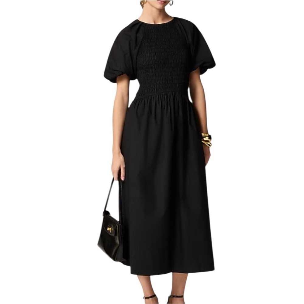 J. Crew Black Smocked Midi Dress with Puff Sleeves
